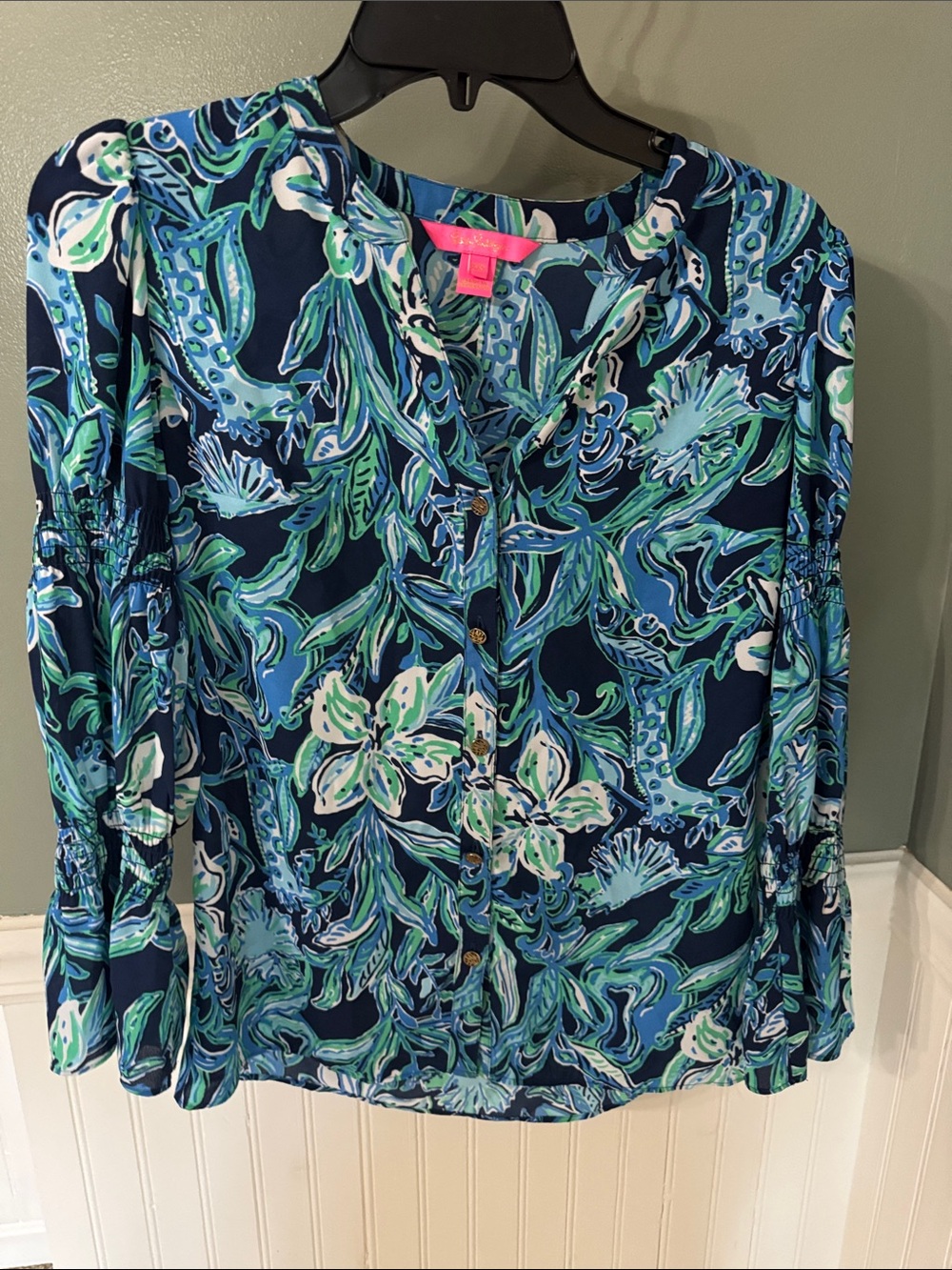 Lilly Pulitzer Womens Navy Blue Floral Button-Front Blouse